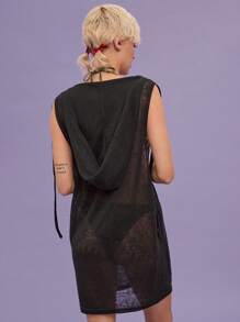 COUREZ Sleeveless V Neck Black Drapey Hoodie Dress/Casual/Summer Outfits For Women Y2K Vintage - Black - View 4