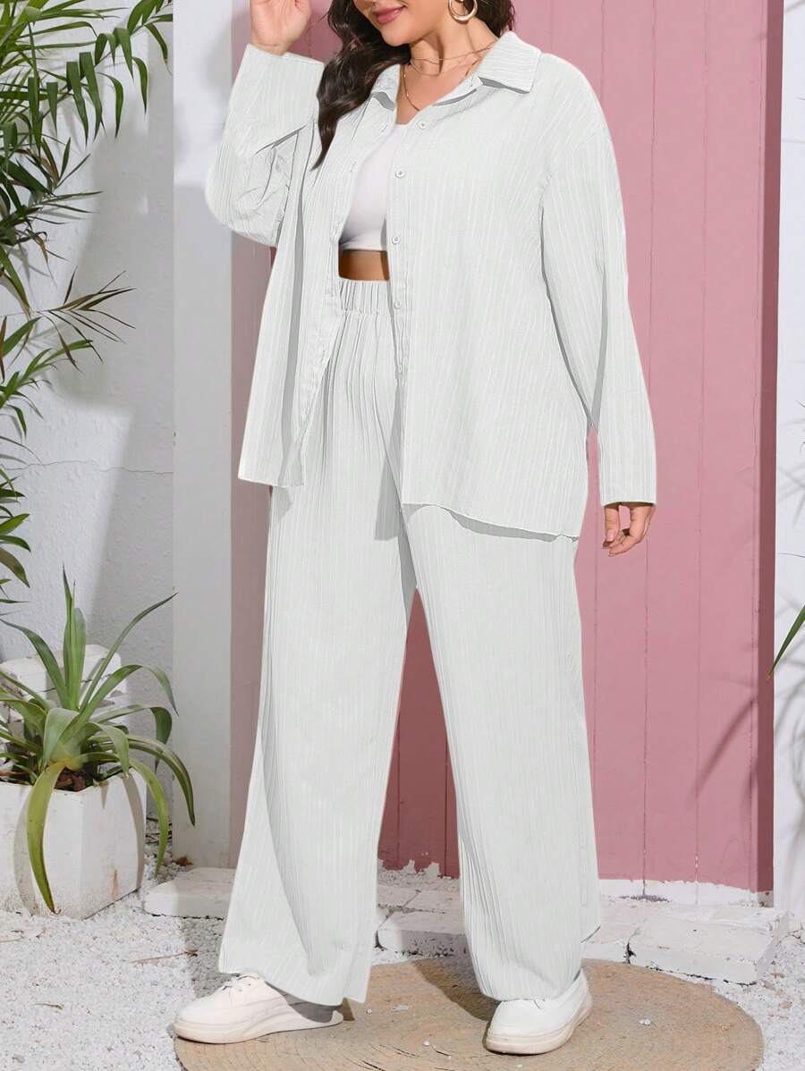 SHEIN Essnce Conjunto de 2 piezas talla grande, diseño de ola oceánica casual y cómodo - Blanco - Ver 1