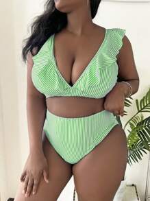 Slaydiva Plus Size Women V-Neck Split One-Piece Swimsuit, Fashionable Casual Beach Vacation Set For Summer