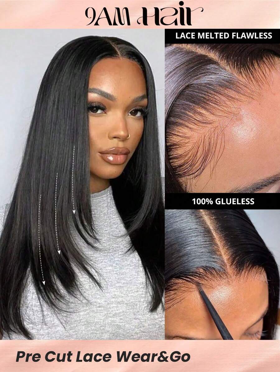 Glueless Straight Layered Wigs Wear&Go 5x5 Lace Closure Wig 14 16 Inch 180 Density Natural Color Shoulder Length Human Hair Wig - SNatural - View 1
