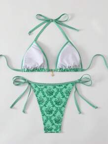 Swim Mod Women's Random Print Halter Neck Beach Vacation Bikini Set, Summer - Green - View 2