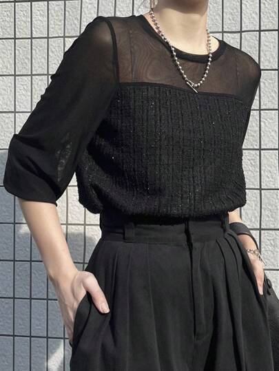 FRIFUL Women's Mesh Patchwork Round Neck Loose Elegant Blouse Long Sleeve Women