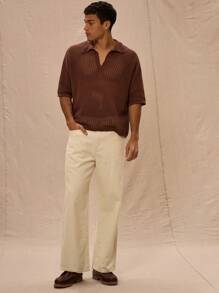 Musero Collared V-Neck Open Crochet Short Sleeved Polo Top - Chocolate Brown - View 5