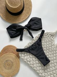 Swim Mod Springbreak Women's Solid Color Strapless Metal Decor Sexy Tie-Up 2 Pieces Bikini Swimwear Summer Beach Outfit - Black - View 2