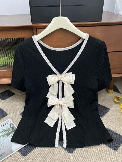 SHEIN 少女黑杏色优雅休闲撞色纯色针织条纹露背 V 领蝴蝶结圆领短袖 T 恤，适合夏季、派对、返校季