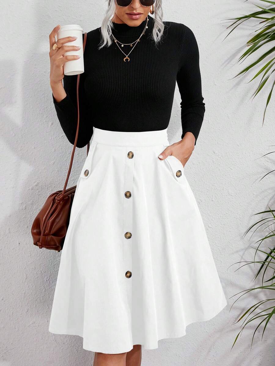 SHEIN Clasi Casual Front Button Mid-Length A-Line Skirt - White - View 1