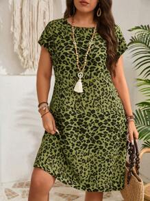 EMERY ROSE Váy thường ngày tay ngắn họa tiết da báo cỡ lớn, thời trang tối giản cho trang phục hàng ngày, trang phục đi nghỉ cho phụ nữ, quần áo mùa hè - xanh quân đội - Xem 1