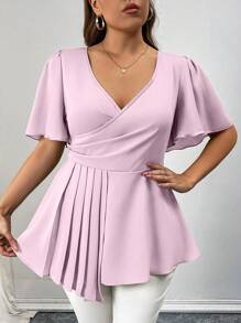 SHEIN Unity 大码纯色 V 领短袖衬衫，简约时尚，适合夏季