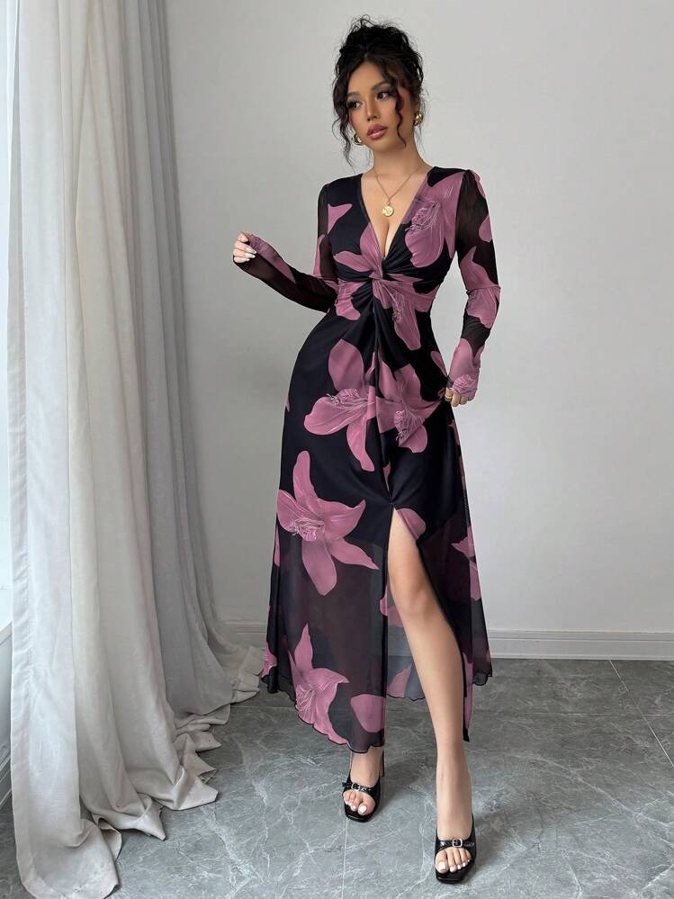 Rafferiza Vestido entallado con cuello en V, cintura ajustada, abertura alta y estampado floral de malla romántico para el Día de San Valentín para mujeres - Rosa - Añade 6