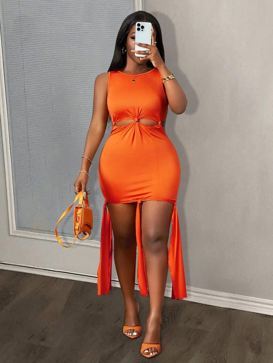 Slaydiva Nuevo estilo Vestido mini naranja casual y deportivo para mujer con cuello redondo, sin mangas, top de jersey con nudo y recorte - Naranja - Ver 1
