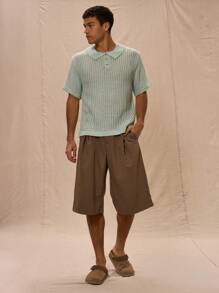 Musero Textured Knit Oversized Button Up Sweater Shirt - Mint Blue - View 5