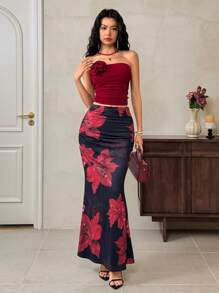 EastFlair Women's Elegant Solid Color 3D Floral Decor Bandeau Top - Red - View 2