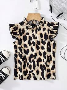Blusa de manga corta con botones y estampado de lunares y leopardo con volantes para niñas