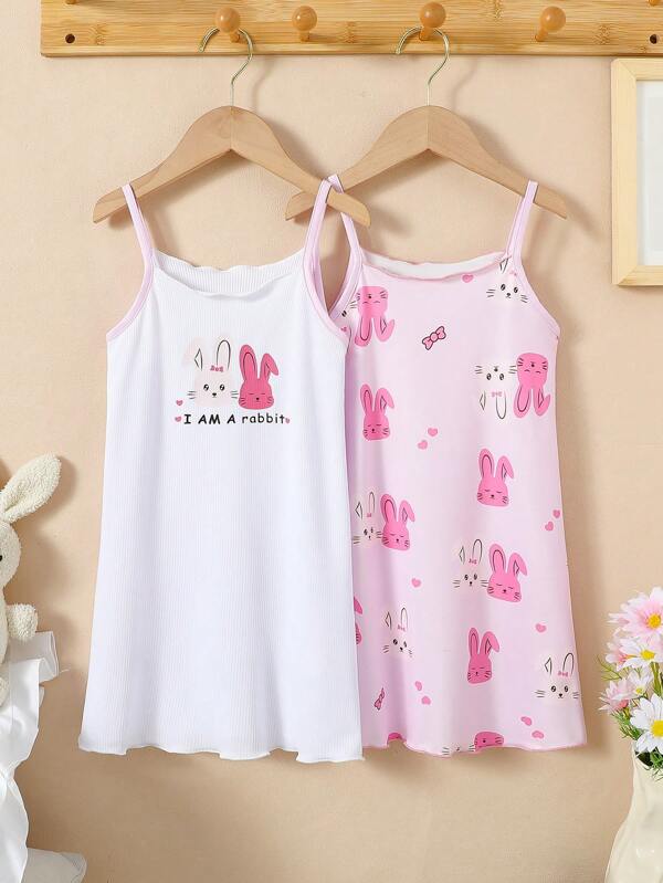 Young Girl 2 Pieces Bunny Print Knitted Camisole Dress And Shorts Sleepwear Set, White & Pink, Comfortable & Cute