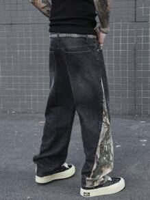 Manfinity EMRG Plus Size Men's Printed Patchwork Casual Denim Jeans - Black - View 2