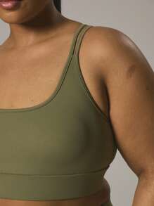 MUSERA Plus Double Strap Branded Logo Patch Padded Slinky Sports Bra Gym Active Workout Sport Casual Gym Fitness - Army Green - View 5