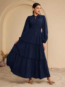Graceveil Women's Elegant Navy Blue Maxi Dress: Long Sleeve, Shirred Waist, And Tiered Layered Hem - Navy Blue - View 4