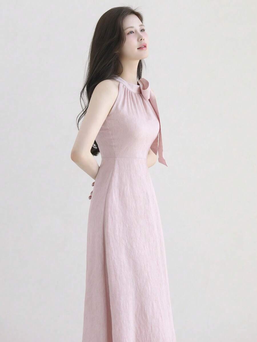 DAZY Váy cưới dài vừa phải không tay, ôm sát, màu trơn, thắt nơ thanh lịch dành cho nữ, váy cưới vải lanh mùa xuân/hè dành cho nữ - Hồng - Xem 1
