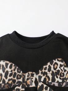 2pcs/Set Tween Girls Cute Leopard Print Bow Pattern Pullover Hoodie & Flare Pants Set, Versatile Outfit For Autumn/Winter - Black - View 4