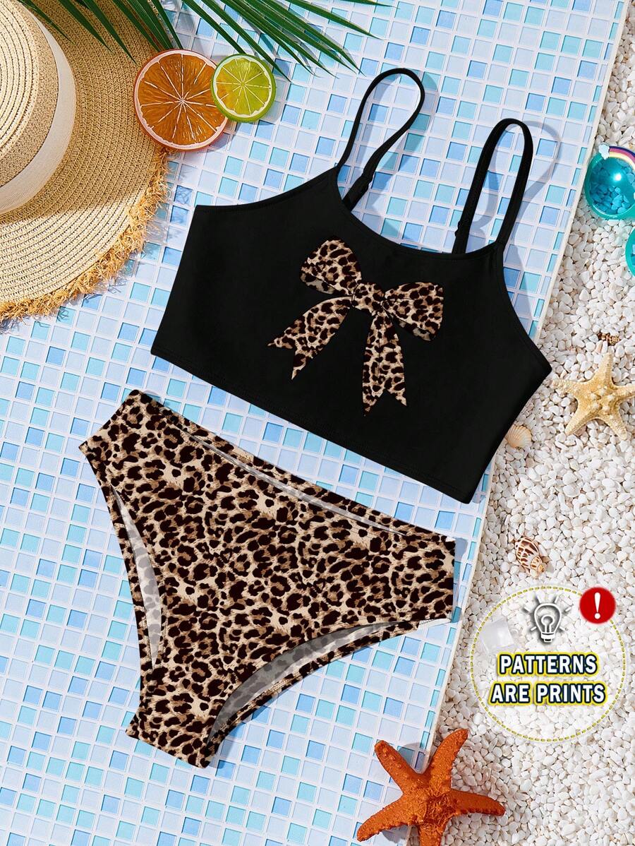 Conjunto de traje de baño con top tipo camiseta de ajuste ceñido y Bottom triangular con diseño de lazo y estampado de leopardo vintage, apropiado para el verano, para niñas jóvenes - Multicolor - Ver 1