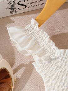 Glamorique Kids 女童纯色荷叶边盖袖花卉拼布优雅夏装 - 杏色 - 查看 4