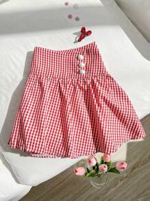 SHEIN Unity Váy mini kẻ caro ngọt ngào và cay nồng mùa xuân/hè 2025 - Đỏ - Xem 4