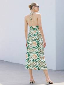 SHEIN Privé Bohemian Jacquard Vacation Halter High Split Ruched Open Back Sleeveless Dress For Women