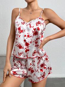 SHEIN 2 件红色花朵印花绉布吊带背心和短裤睡衣套装