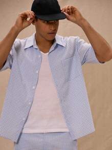 Musero Áo sơ mi ngắn tay kẻ caro cài cúc kiểu Shacket cho kỳ nghỉ xuân hè. - Màu xanh lam - Xem 4