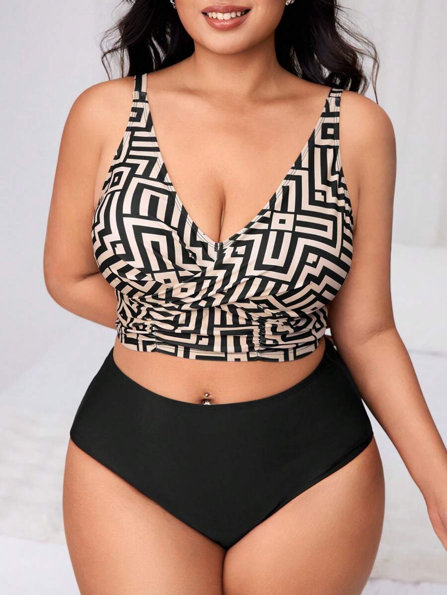 Swim Lushoire Plus Size Women Leisure & Holiday Swimsuit Set For Summer Beach Vacation - Multicolor - View 1