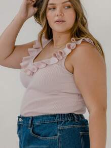 Aralina Curve Ruffle V Neck Knit Ribbed Going Out Summer Top - Pink - View 5