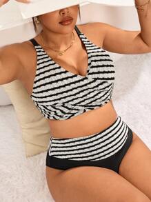 Swim Lushoire Plus Size Women's Black & White Striped Special Fabric Strap V-Neck Two Pieces Swimwear, Fashionable Casual Beachwear For Summer Beach Vacation - Black and White - View 1