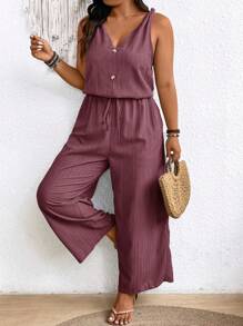 SHEIN Frenchy Bộ đồ liền thân vải crepe có họa tiết Earthy Clothes cỡ lớn có eo thắt nơ và cổ chữ V - Màu đỏ tím - Xem 1