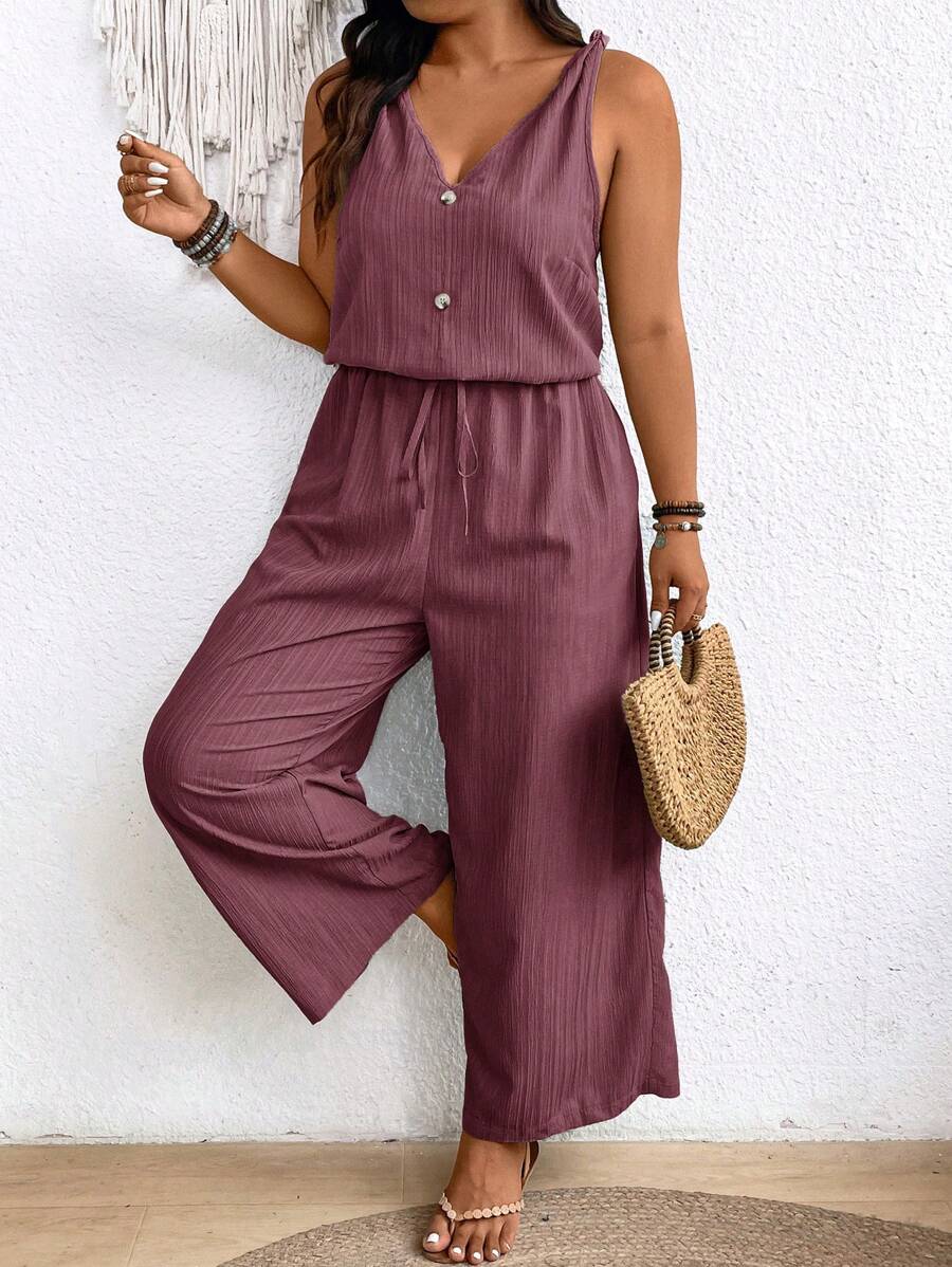 SHEIN Frenchy Bộ đồ liền thân vải crepe có họa tiết Earthy Clothes cỡ lớn có eo thắt nơ và cổ chữ V - Màu đỏ tím - Xem 1