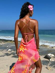 Opulessa 女士沙滩编织印花吊带不对称下摆连衣裙 - 粉色 - 查看 1