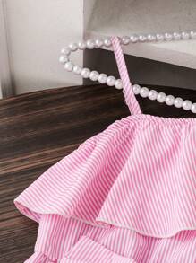 SHEIN Girls Elegant Striped One Shoulder Ruffle Bow Decor Cinched Waist Flared Dress - Multicolor - View 3