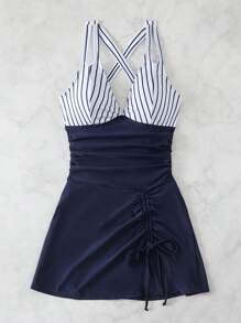 Swim Lushoire Traje de baño de una pieza con estampado floral elegante para mujer, bañador de vacaciones azul marino - Azul Marino - Ver 4