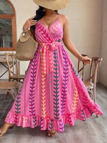 Breezaya Plus Size Print Cinched Waist Sleeveless Maxi Dress, Casual Vacation Summer Style