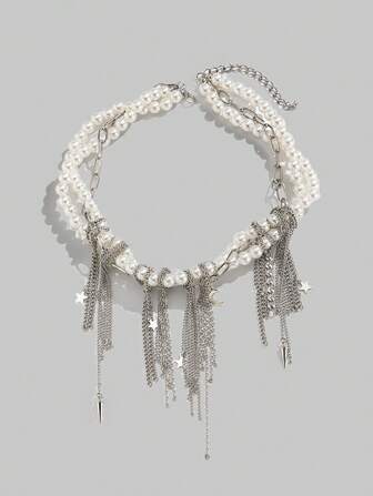 Kawaii Fashionable Punk Style Minimalist Star & Moon Iron Alloy Tassel Faux Pearl Necklace