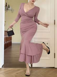 DAZY Women's Elegant Solid Color Fishtail Midi Dress - Pink - View 2