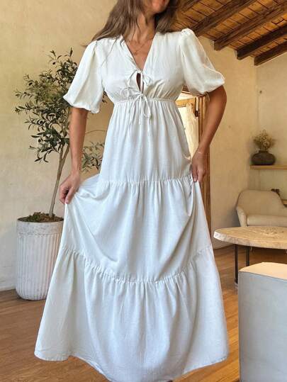 Cloudara Cottonline  Neckline Layer Dress With Drawstring Ruffled Puff Sleeves