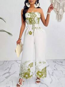 SOLERSUN Gathered Wide Leg Jumpsuit With Drawstring And Floral Leaf Print - White - View 3