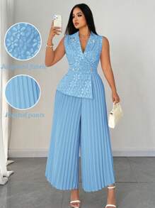 SHEIN Unity 女士加大码优雅提花褶皱立领连体裤 - 藍色 - 查看 1