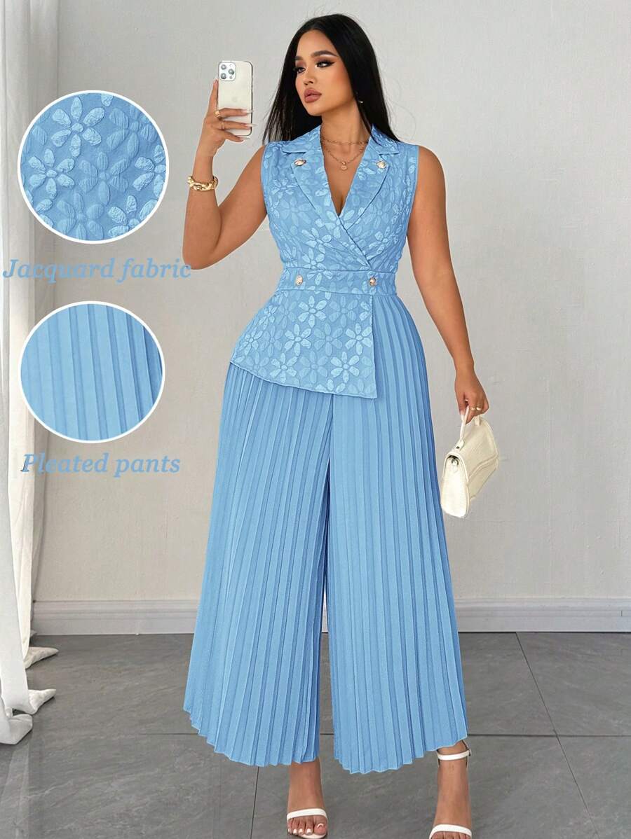 SHEIN Unity 女士加大码优雅提花褶皱立领连体裤 - 藍色 - 查看 1