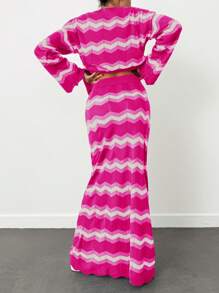 EURMUSE Women Irregular Stripes Round Neck Drop Shoulder Pullover & Sweater Skirt Set - Multicolor - View 2