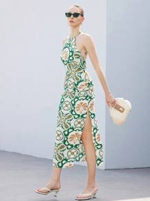 SHEIN Privé Bohemian Jacquard Vacation Halter High Split Ruched Open Back Sleeveless Dress For Women