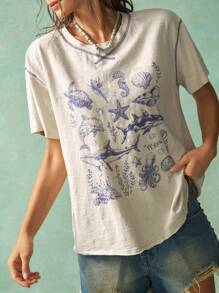 Bohemela Summer Vacation Style Ocean Pattern Knit Round Neck Loose Women T-Shirt - Apricot - View 5