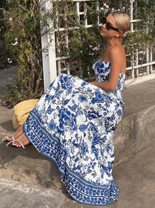 DAZY Vestido midi de tirantes con volantes y estampado de plantas, vestido casual de vacaciones estilo boho para mujer - Azul - Ver 6
