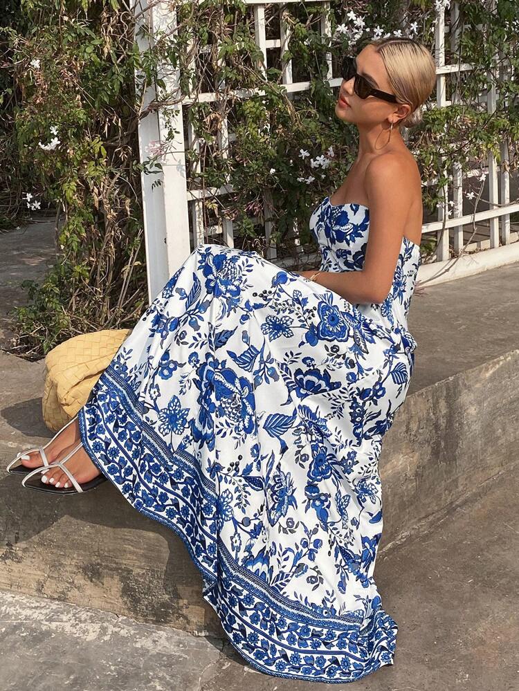 Women's Plant Printed A-Line Tiered Cami Midi Dress, Casual Holiday Sundress Vacation Boho