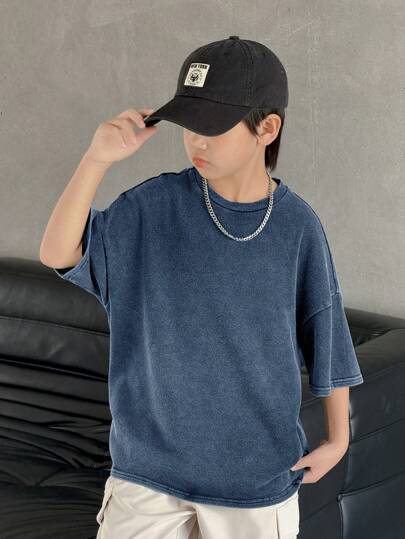 SHEIN 青少年男孩休闲韩版水洗色超大宽松圆领短袖针织 T 恤，适合学校、花园、海滩、生日派对、春季、夏季、秋季、冬季